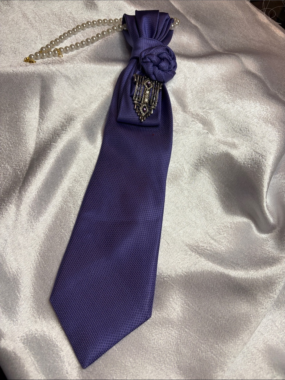 Purple Silk Necktie with Braided Knot and Vintage Brooch